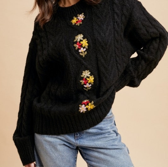 Cable Knit Pullover Black Floral Embroidered Sweater - Picture 3 of 6